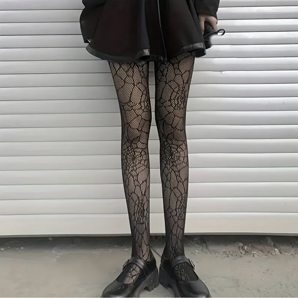 SpiderWeb Pattern Fishnet Tights Hollow Out High Waist Slim Fit Footed Pantyhose - Picture 8 of 12